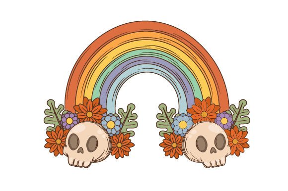 Retro Groovy Halloween Rainbow with Skulls